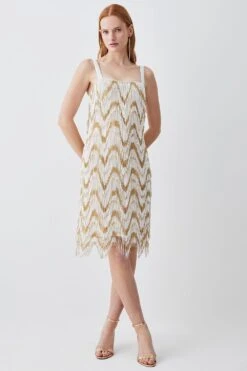 Karen Millen Tall Square Neck Embellished Fringed Mini Dress