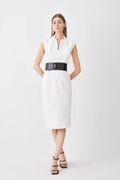 Karen Millen Tall Structured Crepe Forever Cap Sleeve Belted Dress -Karen Millen Shop ivory tall structured crepe forever cap sleeve belted dress 2