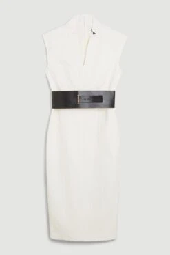 Karen Millen Tall Structured Crepe Forever Cap Sleeve Belted Dress