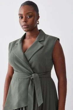 Karen Millen Plus Size Military Pleat Sleeveless Midi Dress -Karen Millen Shop khaki plus size military pleat sleeveless midi dress 1