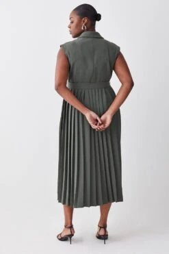 Karen Millen Plus Size Military Pleat Sleeveless Midi Dress -Karen Millen Shop khaki plus size military pleat sleeveless midi dress 2