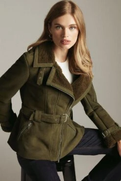 Karen Millen Shearling Contrast Aviator Coat