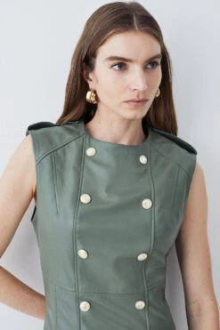 Karen Millen Tall Leather Military Button Flippy Mini Dress -Karen Millen Shop khaki tall leather military button flippy mini dress 4
