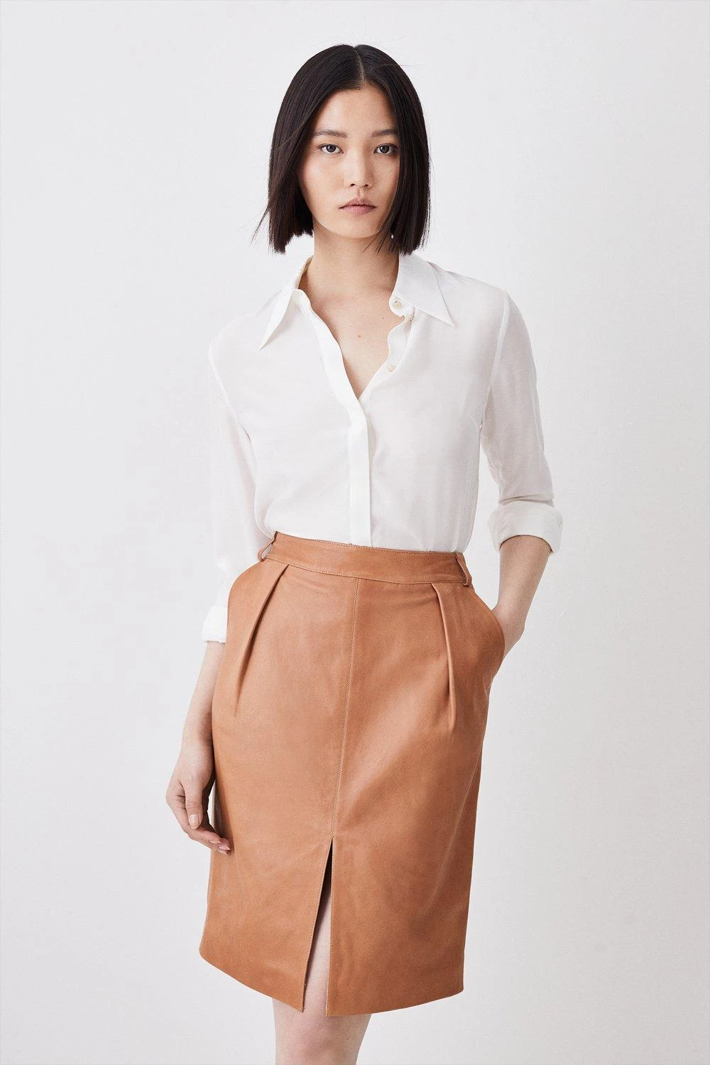 Karen Millen Leather Veg Tan Pencil Knee Skirt 3 Karen Millen Leather Veg Tan Pencil Knee Skirt
