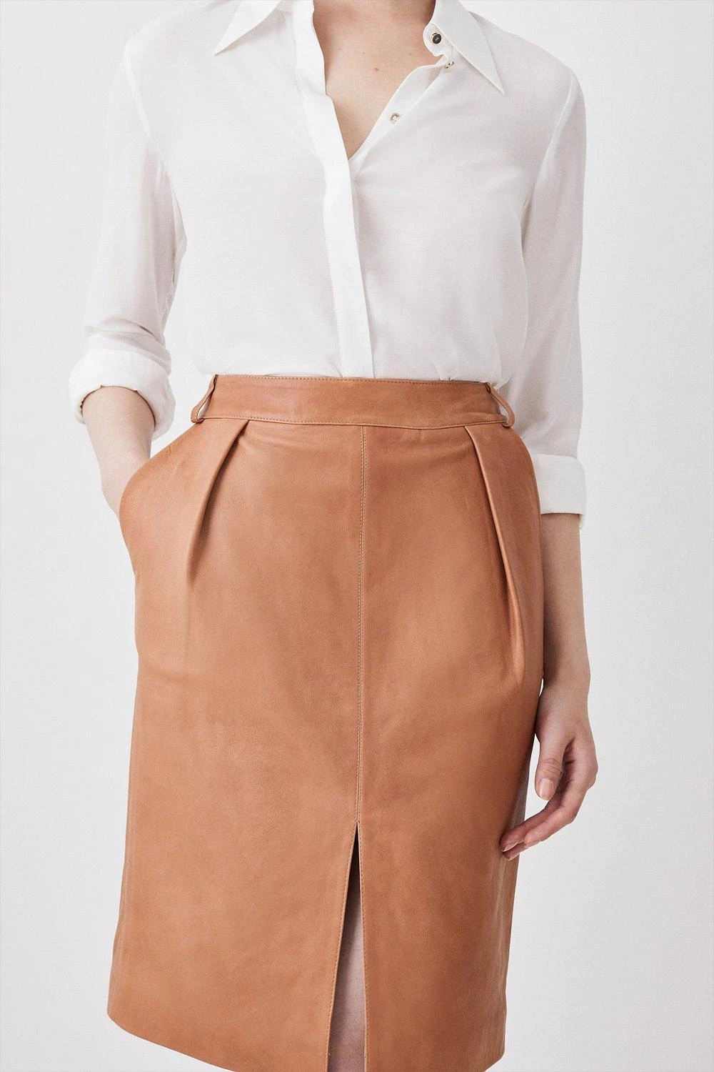 Karen Millen Leather Veg Tan Pencil Knee Skirt 5 Karen Millen Leather Veg Tan Pencil Knee Skirt - Image 3