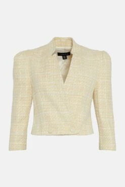 Karen Millen Sparkle Tweed Notch Neck Jacket -Karen Millen Shop lemon sparkle tweed notch neck jacket 1 3