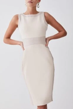 Karen Millen Petite Ponte And Faux Leather Pencil Midi Dress -Karen Millen Shop light beige petite ponte and faux leather pencil midi dress 1