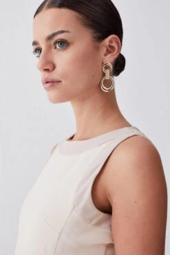 Karen Millen Petite Ponte And Faux Leather Pencil Midi Dress -Karen Millen Shop light beige petite ponte and faux leather pencil midi dress 3