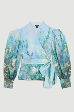 Karen Millen Lydia Millen Plus Size Silk Cotton Scenic Floral Wrap Blouse