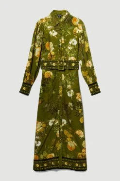 Karen Millen Lydia Millen Tall Floral Belted Woven Midi Shirt Dress
