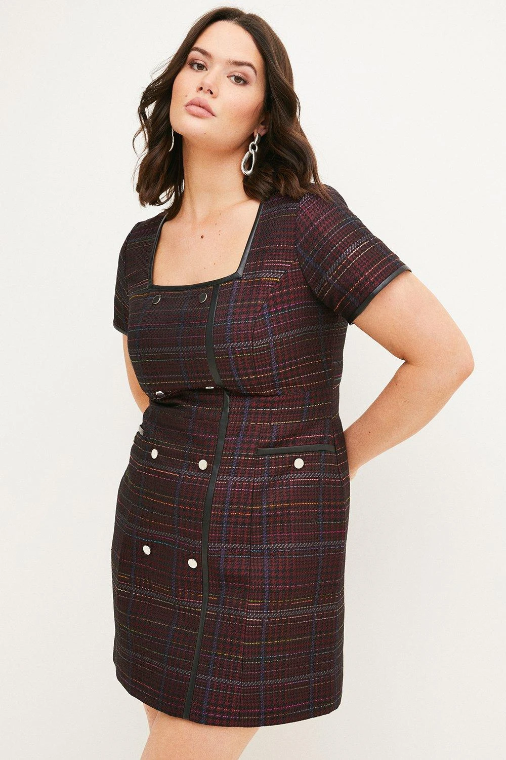 Karen Millen Plus Size Check Jacquard Button Mini Mini Dress