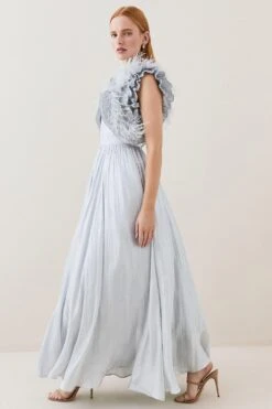 Karen Millen Lydia Millen Tall Metallic Feather Ruffle Woven Maxi Dress 8 Karen Millen Lydia Millen Tall Metallic Feather Ruffle Woven Maxi Dress -Karen Millen Shop metallic silver lydia millen tall metallic feather ruffle woven maxi dress 2