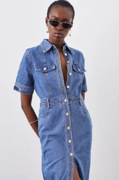 Karen Millen Denim Maxi Shirt Dress -Karen Millen Shop mid wash denim maxi shirt dress 1 4