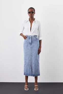 Karen Millen Denim Maxi Skirt -Karen Millen Shop mid wash denim maxi skirt 1 3