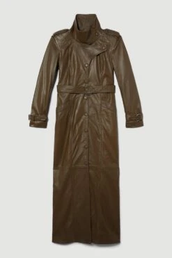Karen Millen Leather Maxi Trench Coat -Karen Millen Shop military green leather maxi trench coat 1 2