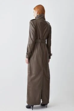 Karen Millen Leather Maxi Trench Coat -Karen Millen Shop military green leather maxi trench coat 1 6