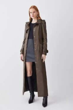 Karen Millen Tall Leather Maxi Trench Coat -Karen Millen Shop military green tall leather maxi trench coat 4