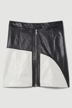 Karen Millen Leather Colour Block Zip Through A Line Skirt