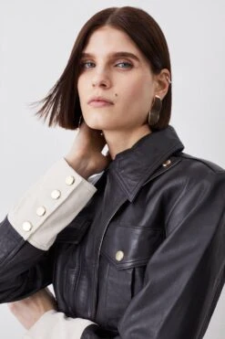 Karen Millen Leather Contrast Cropped Biker Jacket -Karen Millen Shop mono leather contrast cropped biker jacket 1 2