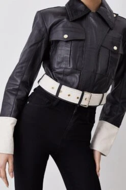 Karen Millen Leather Contrast Cropped Biker Jacket -Karen Millen Shop mono leather contrast cropped biker jacket 1 3