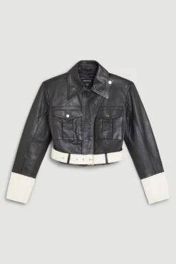 Karen Millen Leather Contrast Cropped Biker Jacket -Karen Millen Shop mono leather contrast cropped biker jacket 1 4
