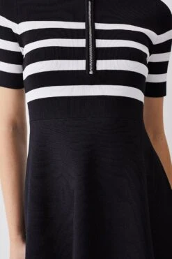 Karen Millen Petite Short Sleeve Stripe Zip Neck Flippy Skater Dress