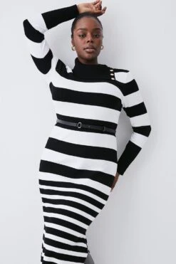 Front Page 19 Front Page -Karen Millen Shop mono plus size buttoned collar stripe viscose blend knitted midi dress 1