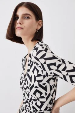 Karen Millen Tall Half Sleeve Geometric Printed Jersey Wrap Midi Dress -Karen Millen Shop mono tall half sleeve geometric printed jersey wrap midi dress 1 2