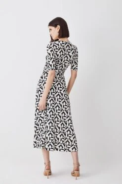 Karen Millen Tall Half Sleeve Geometric Printed Jersey Wrap Midi Dress -Karen Millen Shop mono tall half sleeve geometric printed jersey wrap midi dress 1 3