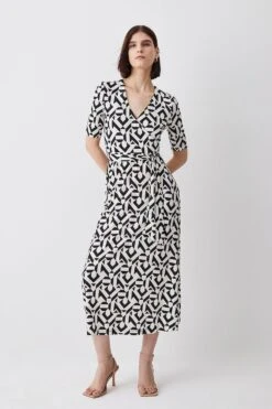 Karen Millen Tall Half Sleeve Geometric Printed Jersey Wrap Midi Dress -Karen Millen Shop mono tall half sleeve geometric printed jersey wrap midi dress 1 4