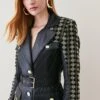 Karen Millen Leather And Tweed Mix Pocket Detail Coat