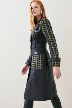 Karen Millen Leather And Tweed Mix Pocket Detail Coat -Karen Millen Shop multi leather and tweed mix pocket detail coat 1 1