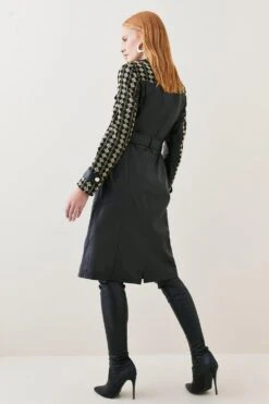 Karen Millen Leather And Tweed Mix Pocket Detail Coat -Karen Millen Shop multi leather and tweed mix pocket detail coat 1 3