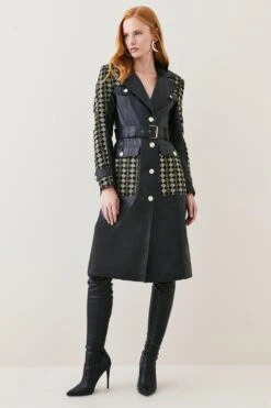 Karen Millen Leather And Tweed Mix Pocket Detail Coat -Karen Millen Shop multi leather and tweed mix pocket detail coat 1 4