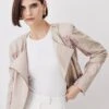Karen Millen Leather Tweed Panel Detail Collarless Biker Jacket