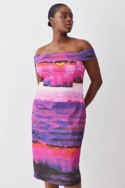 Karen Millen Plus Size Italian Signature Stretch Painternly Bardot Midi Dress