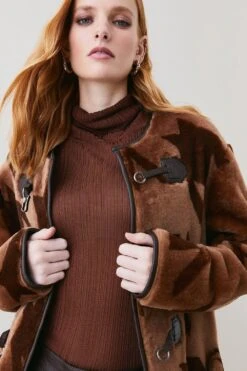 Karen Millen Shearling And Leather Houndstooth Trim Detail Coat