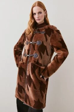 Karen Millen Shearling And Leather Houndstooth Trim Detail Coat -Karen Millen Shop multi shearling and leather houndstooth trim detail coat 1 5