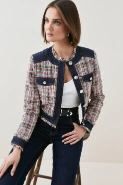 Karen Millen Tweed Denim Mix Jacket -Karen Millen Shop multi tweed denim mix jacket 1 3