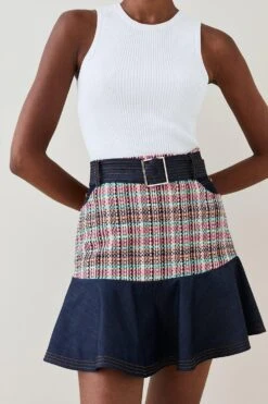 Karen Millen Tweed Denim Mix Peplum Skirt -Karen Millen Shop multi tweed denim mix peplum skirt 1 3