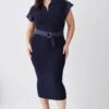 Karen Millen Plus Size Zip Neck Short Sleeve Belted Midi Dress -Karen Millen Shop navy plus size zip neck short sleeve belted midi dress
