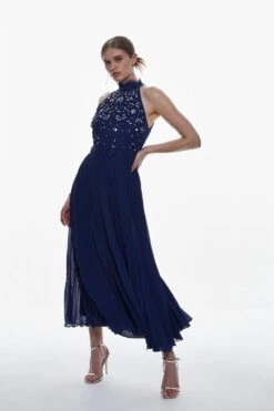 Karen Millen Tall Lace Embellished Halter Pleated Woven Midi Dress -Karen Millen Shop navy tall lace embellished halter pleated woven midi dress 3