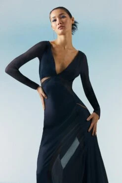 Karen Millen Tall Ooto Sheer Panneled Long Sleeve Woven Maxi Dress -Karen Millen Shop navy tall ooto sheer panneled long sleeve woven maxi dress 3