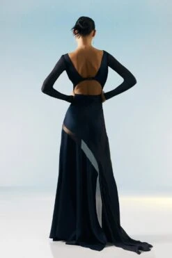 Karen Millen Tall Ooto Sheer Panneled Long Sleeve Woven Maxi Dress -Karen Millen Shop navy tall ooto sheer panneled long sleeve woven maxi dress 4