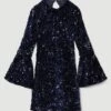 Karen Millen Tall Velvet Sequinned Fluted Woven Mini Dress -Karen Millen Shop navy tall velvet sequinned fluted woven mini dress
