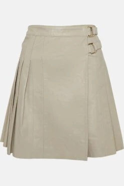 Karen Millen Leather Pleated Buckle Kilt Skirt