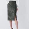Karen Millen Leather High Waisted Pencil Midi Skirt -Karen Millen Shop olive leather high waisted pencil midi skirt