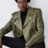 Karen Millen Leather Strong Shoulder Biker Jacket -Karen Millen Shop olive leather strong shoulder biker jacket