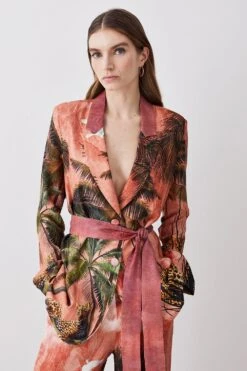 Karen Millen Petite Satin Palm Print Belted Woven Jacket