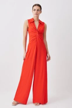 Karen Millen Petite Twist Knot Straight Leg Jersey Jumpsuit -Karen Millen Shop orange petite twist knot straight leg jersey jumpsuit 1
